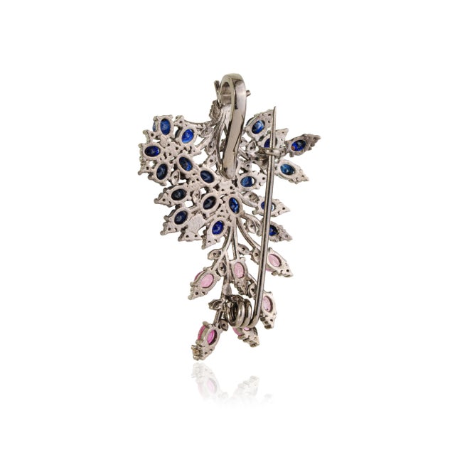 Late Victorian Style 5 Ct Blue Sapphire, Ruby & Diamond Jeweled Spray Brooch Pendant For Sale - Image 6 of 14