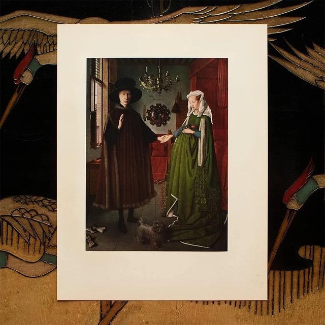 American 1956 After Jan Van Eyck "Giovanni Arnolfini and His Wife", Vintage Full-Color Print For Sale - Image 3 of 8