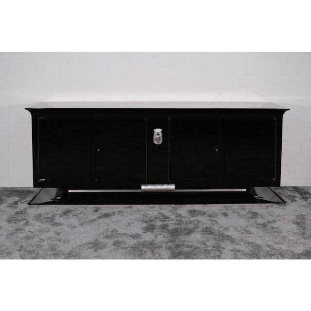 Art Deco High-Gloss Black Lacquered Sideboard with Stylized Woman's Head Emblem, 1930s For Sale - Image 4 of 11