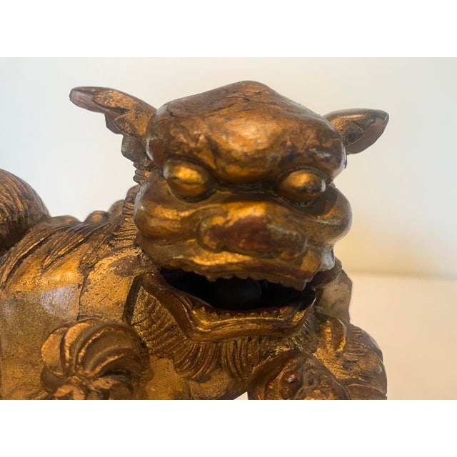 Pair Late 19th Century Chinese Carved Giltwood Male & Female Guardian Foo Dogs With Cub Attached to Female For Sale - Image 9 of 12