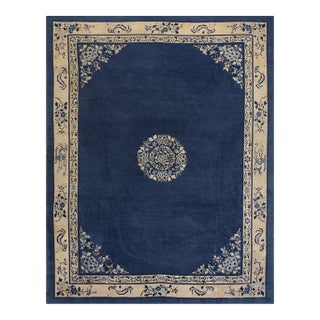 Antique Peking Chinese Floral Navy Open Field Medallion Oriental 1920s Rug For Sale