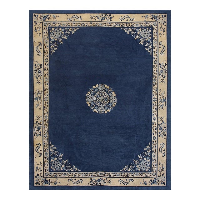 Antique Peking Chinese Floral Navy Open Field Medallion Oriental 1920s Rug For Sale