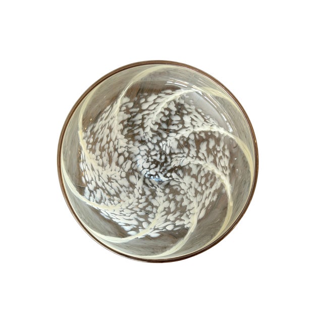 Vintage Hand-Blown Studio Art Glass Compote Bowl With Caramel Ribbon Swirl | Mid-Century Murano-Style Glass For Sale - Image 12 of 12