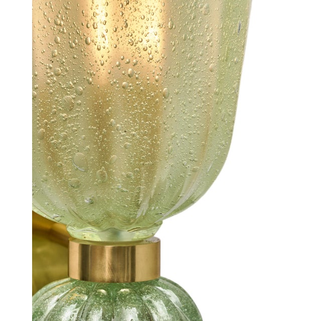 Metal Contemporary Pale Green Murano Glass and Brass Sconces - a Pair For Sale - Image 7 of 10