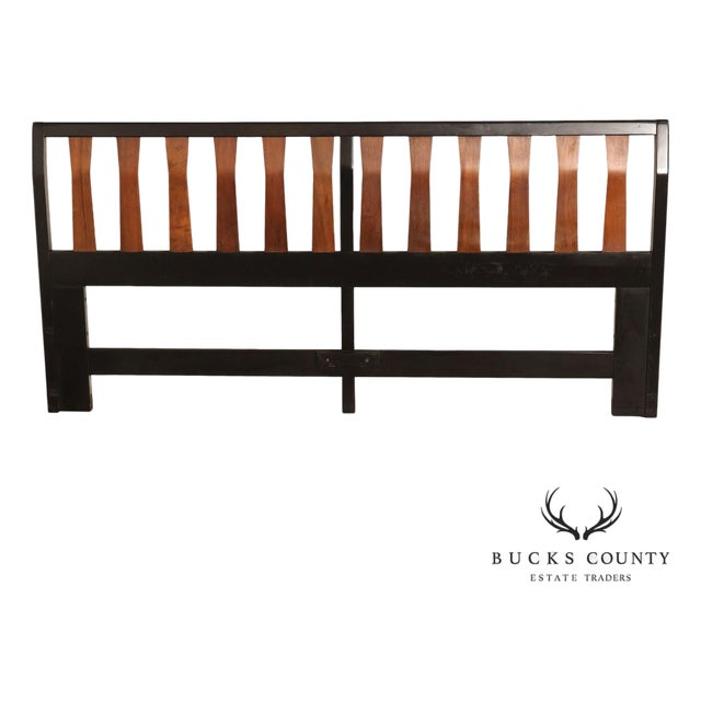 Mid Century Modern King Size Headboard with Ebony Frame and Walnut Bentwood Slats For Sale