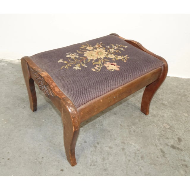 Vintage Brown Rustic Footstool Stool W Floral Tapestry Needlepoint Fabric For Sale - Image 4 of 9