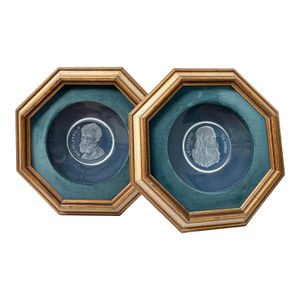 1970 Val St. Lambert Etched Crystal Intaglio Plates of Michelangelo and Da Vinci Framed Wall Art - a Pair