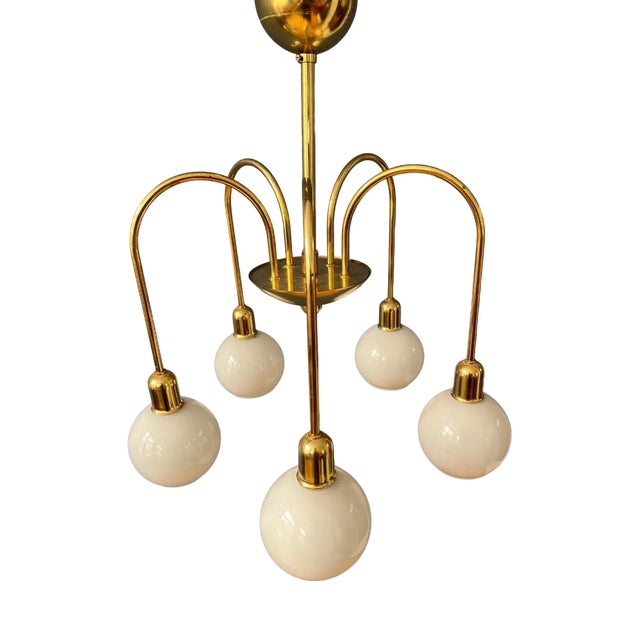 Mid-Century Gold Brass Opaline Glass Chandelier For Sale