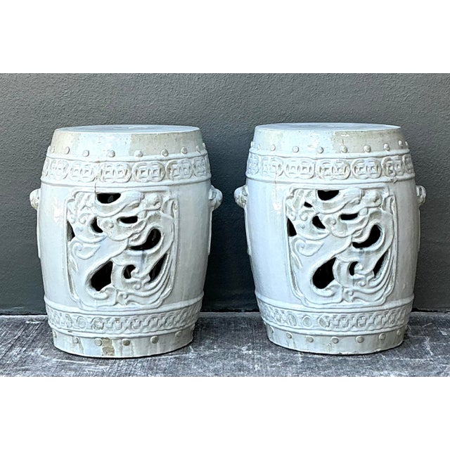 Vintage Glazed Ceramic Garden Stools - A Pair For Sale In West Palm - Image 6 of 12