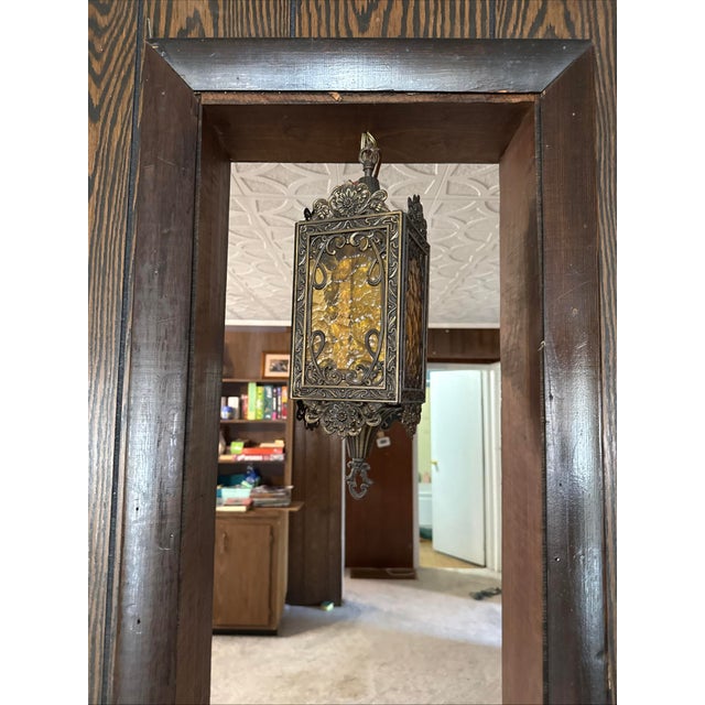 Vtg Swag Lamp Gothic Revivial or Spanish Amber Chandelier Light Mid Century Ready to go -- just hang and plug in * Pebbled...