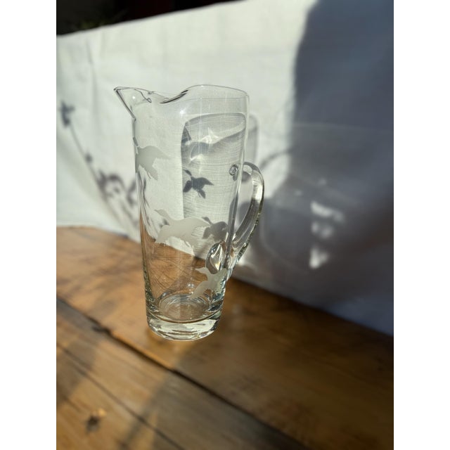 Mid 20th Century Vintage Flying Mallards Ducks Frosted Ice Lip Clear Glass Cocktail Pitcher For Sale - Image 5 of 9