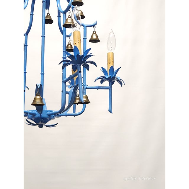 Metal Splendid Italian Tole Vintage Baby Blue Faux Bamboo Pagoda Brass Chandelier ~ Rewired ~ Restored ~ Rejuvenated ~ Ready to Hang ~ For Sale - Image 7 of 12