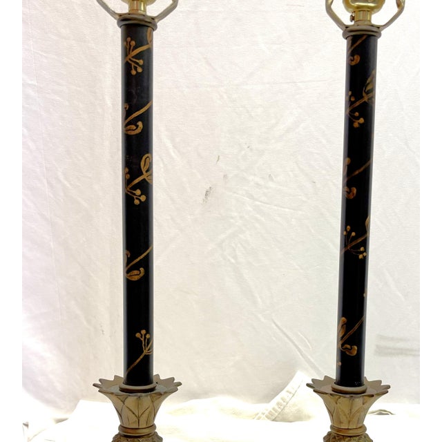 Vintage French Tole and Brass Candlestick Lamps With Pineapple Motif- A Pair For Sale - Image 16 of 18