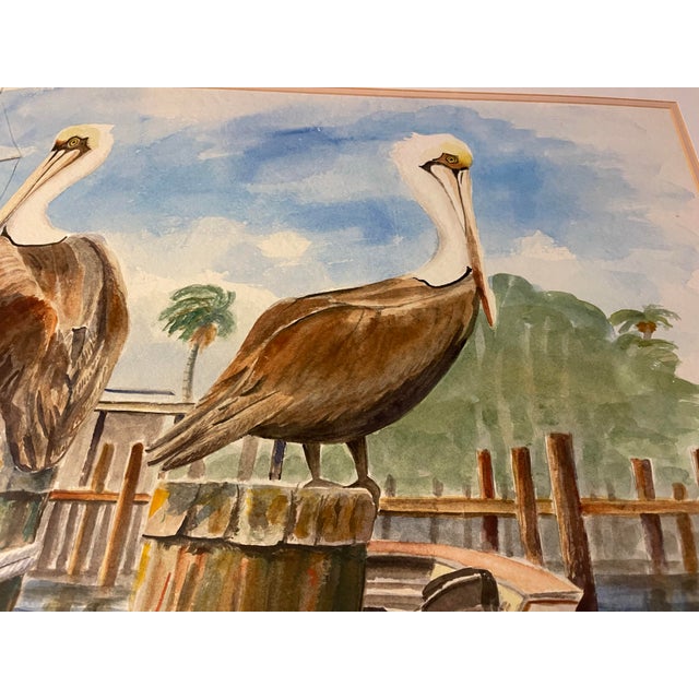 Late 20th Century Large Coastal Pelican Watercolor Painting, Framed, 41 X 32 For Sale - Image 4 of 9