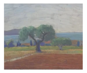 Emaire, Oliviers et bord de mer, Pastel on Paper, Framed