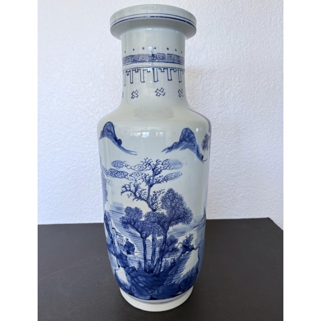 Vintage Chinese Blue & White Porcelain Landscape Vases - Trio Set For Sale - Image 6 of 18