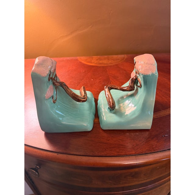 1940s Vintage 1949 Roseville Pottery Ming Tree Bookends Shape 559 Turquoise - A Pair For Sale - Image 5 of 13