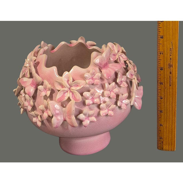Late 20th Century Vintage Italian Glazed Pottery Pink Floral Butterfly Rose Bowl Vase For Sale - Image 5 of 6