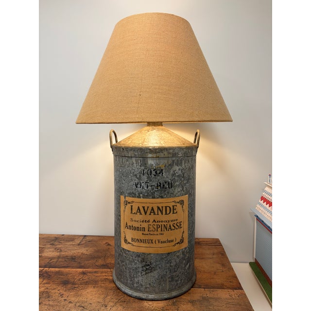 Antique French Galvanized Lavender Canister Lamps With Original Labels & Custom Burlap Shades - a Pair For Sale In Kansas City - Image 6 of 17