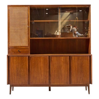 Merton Gershun for American of Martinsville Mid Century Walnut and Cane Credenza and Hutch For Sale