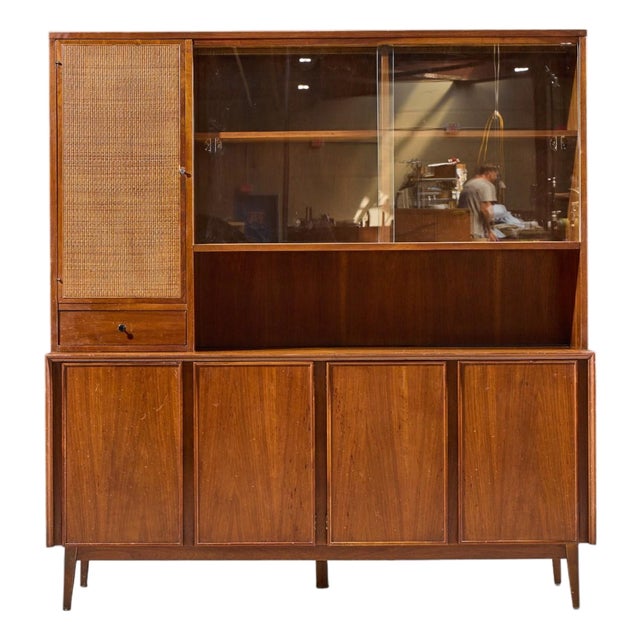 Merton Gershun for American of Martinsville Mid Century Walnut and Cane Credenza and Hutch For Sale