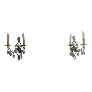 1930s French Art Deco Patinated & Worked Iron & Crystal Wall Sconces Attrib. Maison Bagues - a Pair For Sale