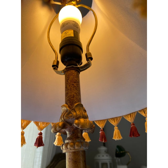 Antique Ornate Table Lamp With Embroidered Tassel Shade, Carved Decorative Base & Ribbed Glass Accent, Traditional French Style For Sale - Image 10 of 12