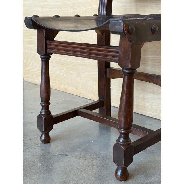19th Set of Six Spanish Carved Chairs with Leather Seat and Back For Sale - Image 13 of 18