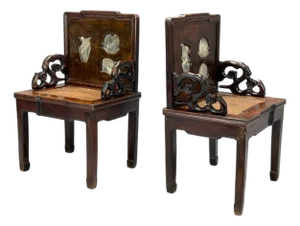 19th Century Qing Dynasty Style, Hardwood, Cane, Marble, Chinese Armchairs, China- Set of 2