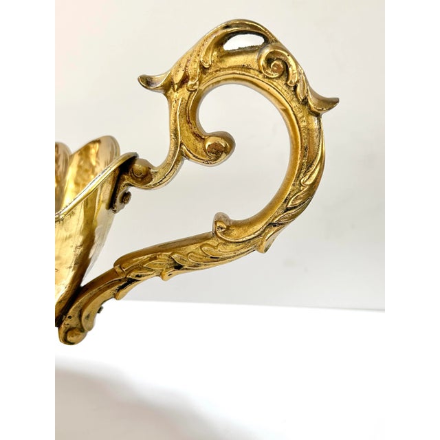 Large Hollywood Regency Brass Pedestal Bowl – Scalloped Centerpiece With Ornate Handles For Sale - Image 9 of 12