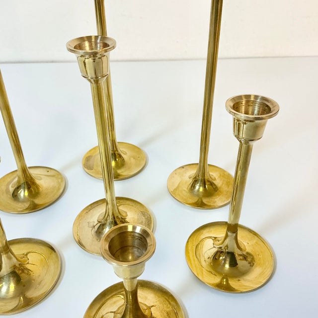 Mid Century Hollywood Regency Gustavian Swedish Graduating Brass Candle Holders - Set of 7 For Sale - Image 9 of 10