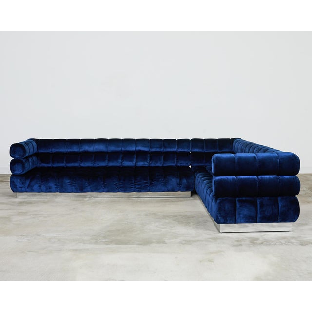 Early 21st Century Todd Merrill Custom Blue Velvet Sectional Sofa and Ottoman For Sale - Image 5 of 18