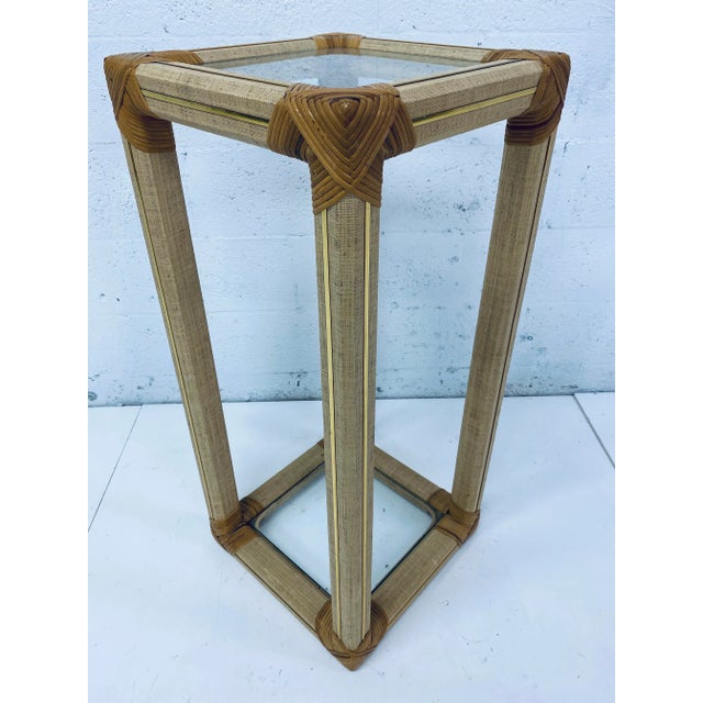 Rattan and Raffia Pedestal Table With Glass Inserts For Sale In Miami - Image 6 of 13