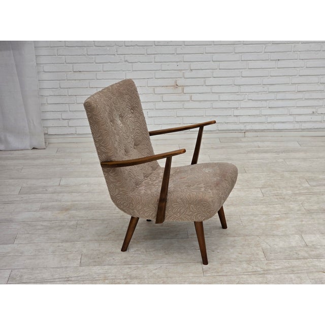 1960s, Danish armchair. Beige furniture wool, beech wood legs. Wear consistent with age and use. Original good condition:...