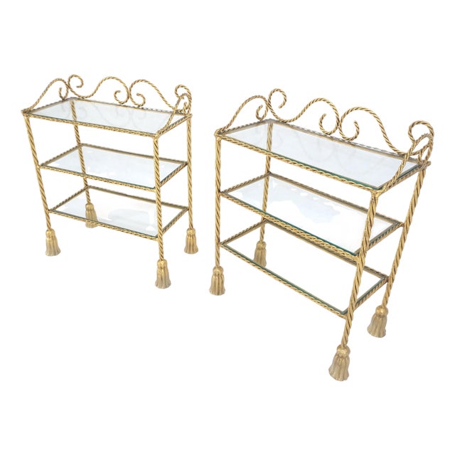 Pair of Italian 3 TierGold Gilt "Twisted Rope" Iron Side End Tables Stands MINT For Sale