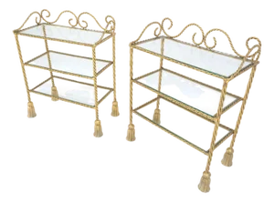 Pair of Italian 3 TierGold Gilt "Twisted Rope" Iron Side End Tables Stands MINT