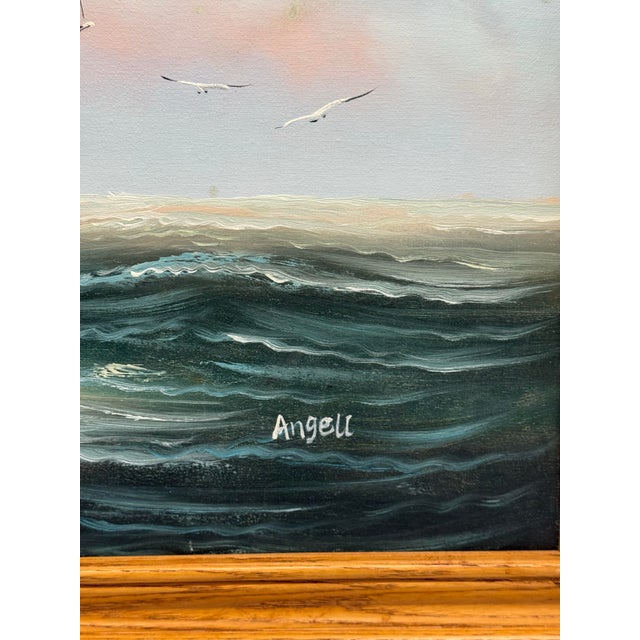 Wood 1980s Oil Painting on Canvas of a Vessel in the Sea Beautiful Ship, Signed Angell For Sale - Image 7 of 11