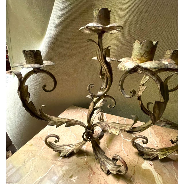 Mid 20th Century Pair of Italian Silver Gilt Tole 4 Light Candelabra Candle Holder Lights Leaf & Swirl For Sale - Image 4 of 11