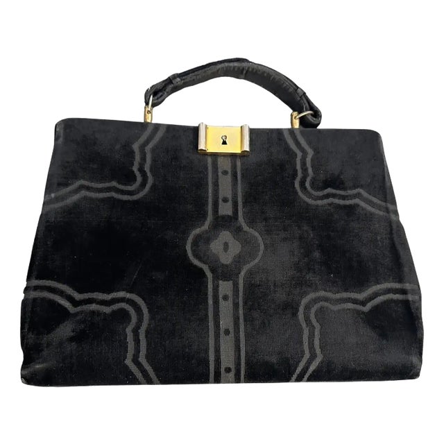 Iconic 1970s Black Velvet and Brass Hand Bag by Roberta Di Camerino For Sale