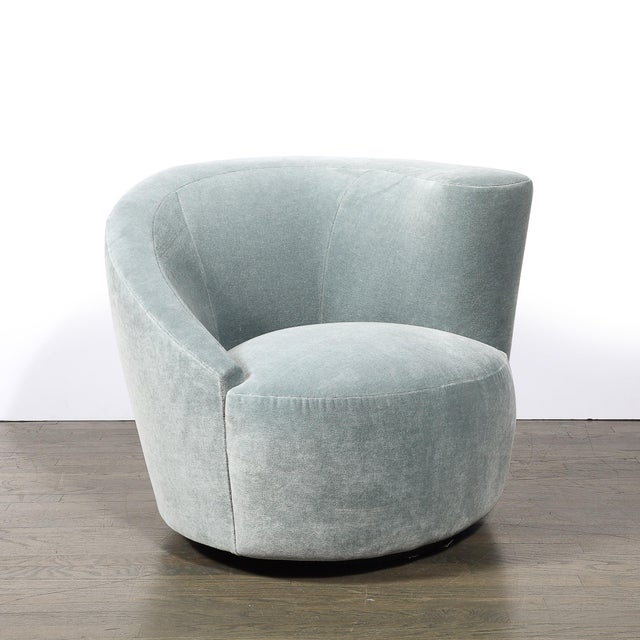 Vladimir Kagan Pair of Powder Blue Mohair Velvet Swiveling "Nautilus" Chairs by Vladimir Kagan For Sale - Image 4 of 15