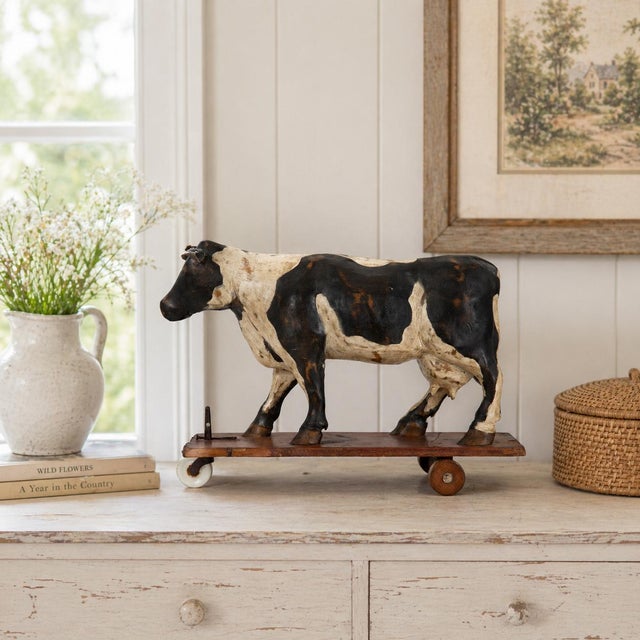 A WHIMSICAL CARVED AND PAINTED FOLK ART HOLSTEIN COW PULL TOY American, circa second half of the 20th Century Carved...