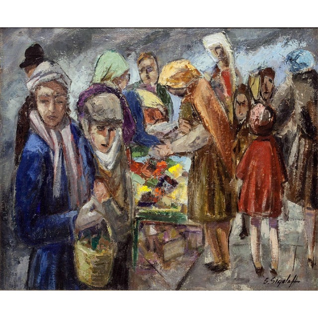 Sam Sigaloff (1895-1987) signed in the lower right. Vibrant market scene oil on canvas.