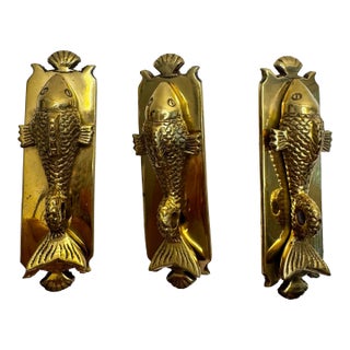 Vintage Hollywood Regency Solid Brass Koi Fish Hardware Cabinetry Knobs Hardware/Pulls, Set of 3 For Sale