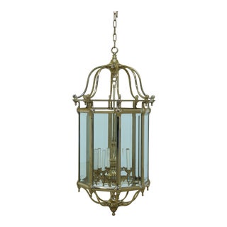 Beveled Glass 8 Arm Solid Brass Large Hanging Chandelier For Sale