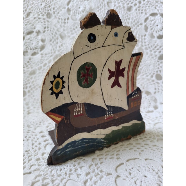 American Early 1900s Hand Painted Wooden and Metal Ship Bookend For Sale - Image 3 of 9
