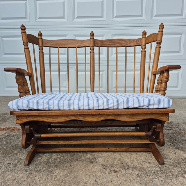Farmhouse 1990s American Oak Windsor Style 2-Person Double Glider Rocking Bench For Sale - Image 3 of 12