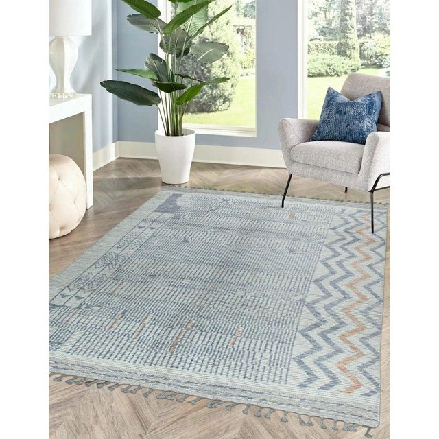 5x9 Ivory Hand-Knotted Wool Chevron Detailed Edge Tribal Modern Carpet Rug For Sale - Image 10 of 11