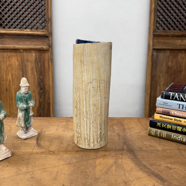 Textured Cream & Ochre Prem Vase with Blue Color Inside For Sale - Image 4 of 10