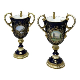 Antique Pair English Coalport Three Handle Loving Trophy Cups Porcelain Urns For Sale