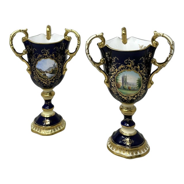Antique Pair English Coalport Three Handle Loving Trophy Cups Porcelain Urns For Sale